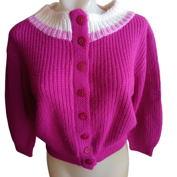 Women's Medium Vintage 1970's Cardigan Sweater Kenwyn Pink Knit  Cropped Cottage - Picture 1 of 6